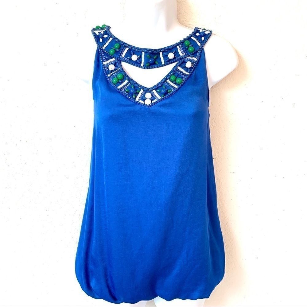 BCBG BLUE BEADED HALTER TOP